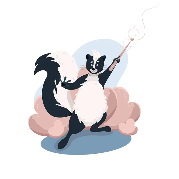 Cute funny skunk holding a magic wand, wild animals, vector character in cartoon style, clip art on a white background — Stock Vector