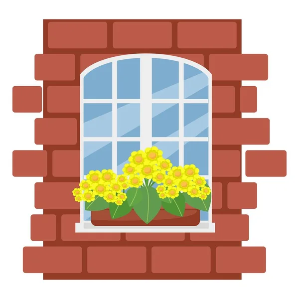 창문에 꽃 이 있는 상자, 흰 창 이 있는 벽돌 벽, 평평 한 형태의 벡터 그림, 만화, 고립된 곳 — 스톡 벡터