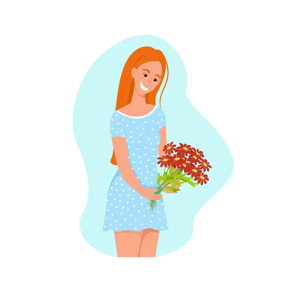 Egy lány egy csokor virággal a kezében, egy fiatal nő kék ruhában és vörös hajjal, egy boldog férfi. Vektor karakter lapos stílusban, rajzfilm — Stock Vector