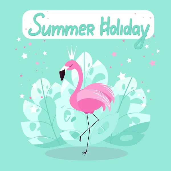 Roze flamingo poster voor zomervakantie, flamingo 's op een achtergrond van palmbladeren. Exotische vogel, vector illustratie in platte stijl — Stockvector