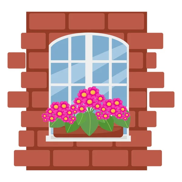 창문에 꽃 이 있는 상자, 흰 창 이 있는 벽돌 벽, 평평 한 형태의 벡터 그림, 만화, 고립된 곳 — 스톡 벡터