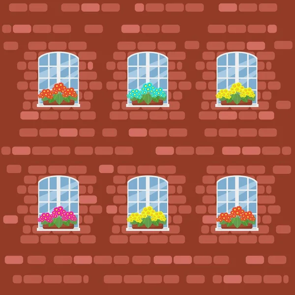 Voorgevel van een stenen huis onder het borduurwerk, groot wit raam met bloemen in potten, vectorillustratie in platte stijl — Stockvector