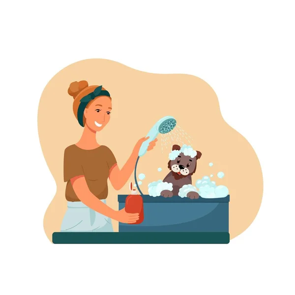 Toilettage pour animaux domestiques, fille lave le chien, illustration vectorielle dans un style plat — Image vectorielle