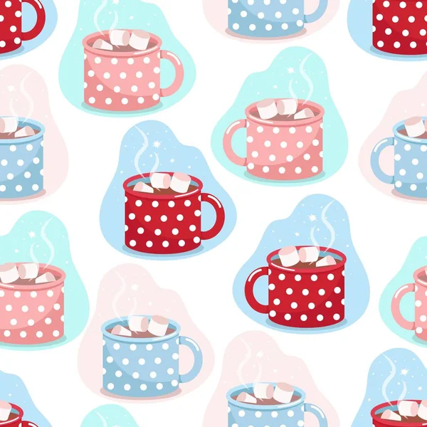 Cocoa mug seamless pattern, mugs of different colors in white polka dots with cocoa and marshmallows, vector print in flat style