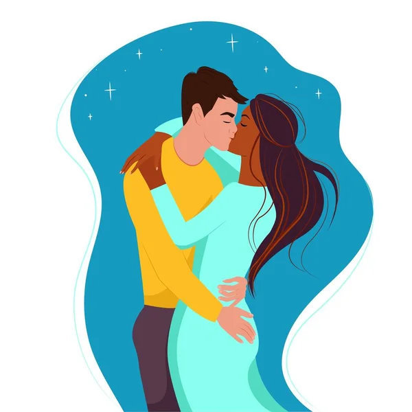 Casal multirracial, tipo branco beija uma rapariga negra. Dois amantes, ilustração vetorial em estilo plano, desenho animado — Vetor de Stock