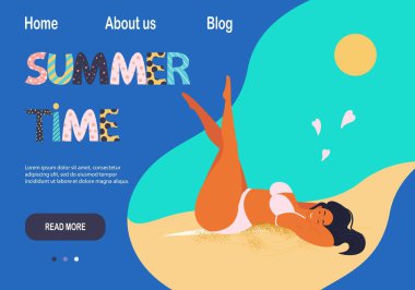 Web siteleri için yaz tabelası, plaj vektörü illüstrasyonunda güneşlenen kız. Çizgi film tarzında pankart ya da poster şablonu