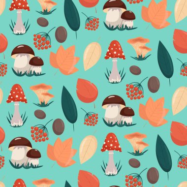 Mantarlı ve sonbahar yapraklı kusursuz desen, düz stil vektör çizimi