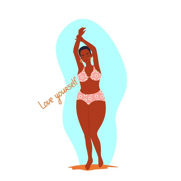 Mujer afroamericana con los ojos cerrados en un traje de baño con los brazos levantados, cuerpo positivo, ilustración vectorial en estilo plano. Caricatura — Archivo Imágenes Vectoriales