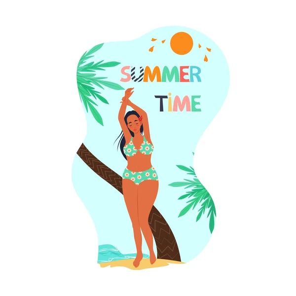 Het meisje in een badpak op het strand geniet van de rest. Vrouw onder palmbomen, vector illustratie in vlakke stijl. Cartoon — Stockvector