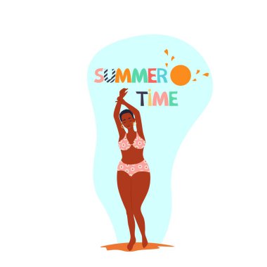 Mayo giymiş, gözleri kapalı Afrika kökenli Amerikalı kadınlar yaz mevsiminin tadını çıkarıyorlar. Düz bir şekilde vektör çizimi yapıyorlar. Çizgi film.