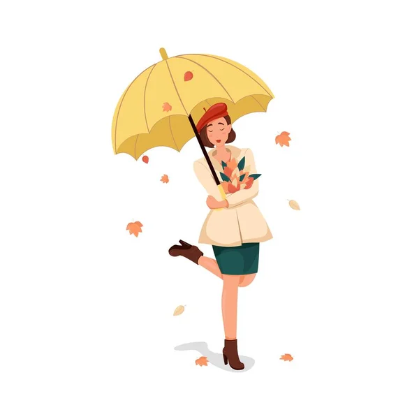Dziewczyna w płaszczu i czerwony beret stoi pod żółtym parasolem, szczęśliwa kobieta cieszy się jesienny spacer, wektor ilustracji w stylu kreskówki. Płaska konstrukcja — Wektor stockowy