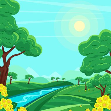 Güzel yaz dağ manzarası, dağlar arasındaki nehir. Düz biçimli vektör illüstrasyonu