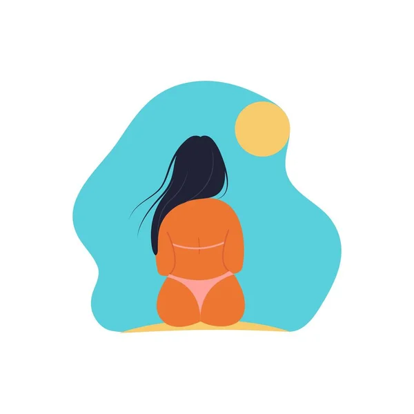 Девушка вид сзади в купальнике сидя, положительное тело, векторная иллюстрация в плоском стиле, мультфильм — стоковый вектор