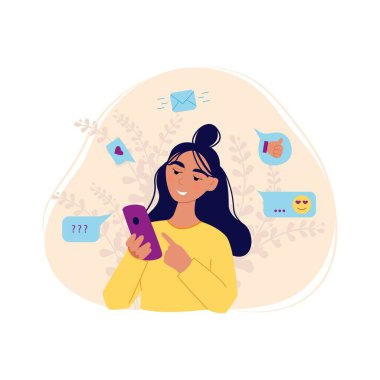 Akıllı telefon tutan kız mesajları okuyor, web iletişimi, çizgi filmlerin vektör çizimi, düz tasarım
