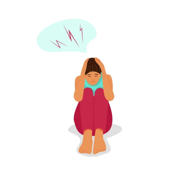 Woman grabbed her head, severe headache. The upset girl hugged her knees and head with her hands. Vector flat illustration — Vetor de Stock