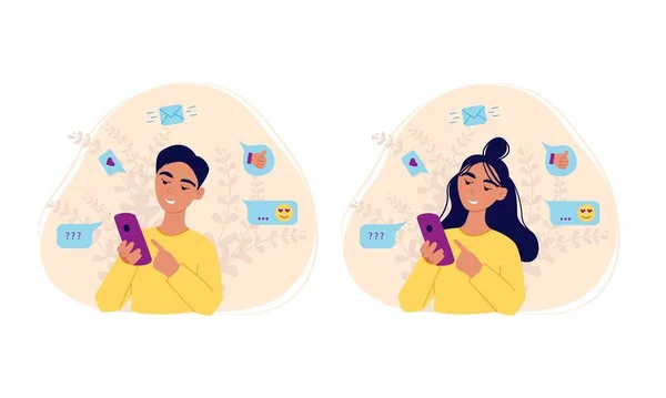 Mädchen und Junge mit Smartphone lesen Nachrichten, Web-Kommunikation, Vektorillustration von Cartoons, flaches Design — Stockvektor