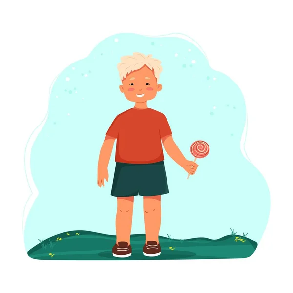 Kleiner Junge in kurzen Hosen und T-Shirt mit einem Lutscher. Kind mit Süßigkeiten in der Hand. Vektor-Zeichentrickfigur. Flache Bauweise — Stockvektor