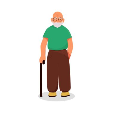 Old man with glasses and with a stick in his hand, vector character in cartoon style. Flat design