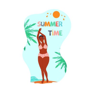 Mayo giymiş, gözleri kapalı Afrika kökenli Amerikalı kadınlar yaz mevsiminin tadını çıkarıyorlar. Düz bir şekilde vektör çizimi yapıyorlar. Çizgi film