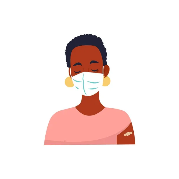 Afrikanerin in Schutzmaske mit Pflaster am Unterarm, antivirale Impfung. Vektorcharakter im flachen Stil — Stockvektor