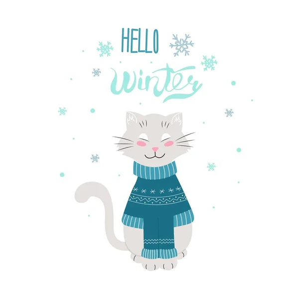 Кіт в теплий зимовий светр, Привіт зима, Векторні ілюстрації. Ізольовані. Плоский дизайн — стоковий вектор