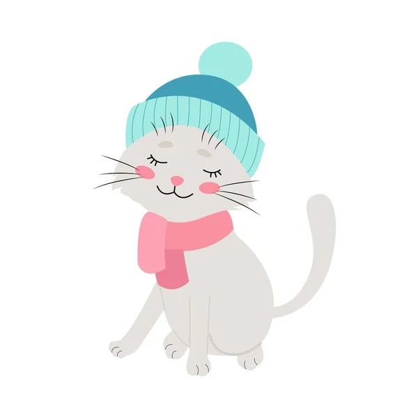Gato em um chapéu de inverno, animais de estimação engraçados, ilustração vetorial. Isolado. Projeto plano — Vetor de Stock