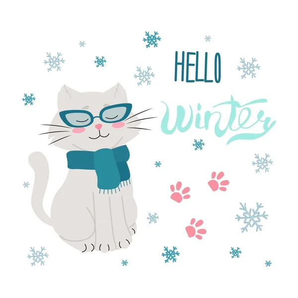 แมวในแว่นตาด้วยผ้าพันคอลายมือ สวัสดีฤดูหนาวตัวอักษร ภาพเวกเตอร์ในรูปแบบแบน เกล็ดหิมะ — ภาพเวกเตอร์สต็อก