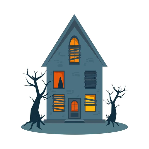 Enge spookhuis en gebroken ramen, Halloween horror huis. Vector illustratie in platte stijl — Stockvector