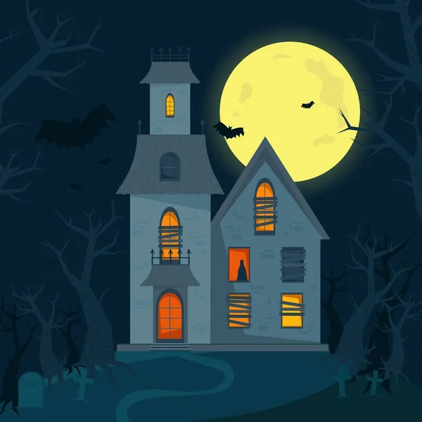 Rumah hantu yang menakutkan, Rumah horor Halloween. Ilustrasi vektor dalam gaya datar - Stok Vektor