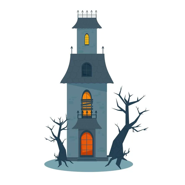 Straszny nawiedzony dom i wybite okna, halloweenowy horror. Ilustracja wektora w stylu płaskim — Wektor stockowy