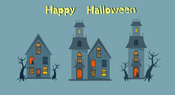 Casa embrujada de miedo y ventanas rotas, set de casa de terror de Halloween. Ilustración vectorial en estilo plano — Vector de stock
