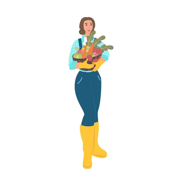 Une agricultrice avec un panier de légumes. Des gens du village dans un style plat. Illustration vectorielle — Image vectorielle