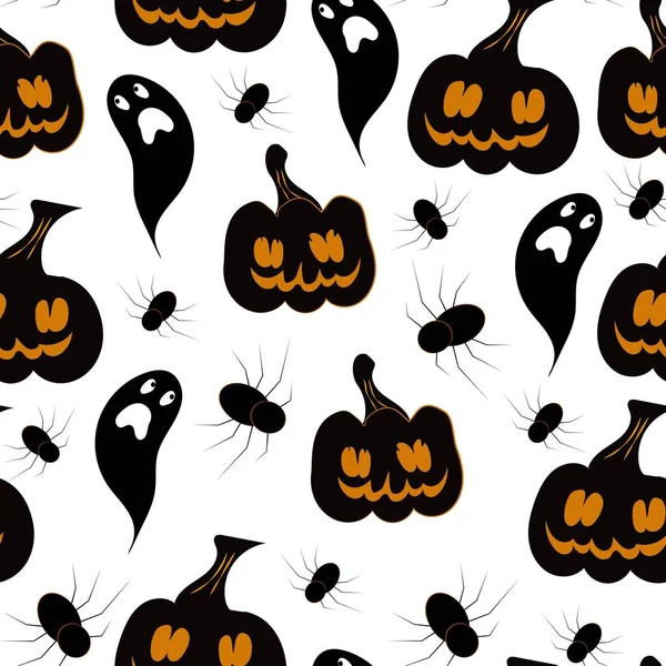 Hantu menakutkan dan labu dengan pola laba-laba mulus, gambar tangan Halloween, ilustrasi vektor - Stok Vektor