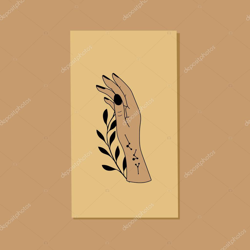Alchemy esoteric magic celestial talisman on woman hands, sun, moon, stars sacred geometry isolated. Vector illustrations in black outline style.