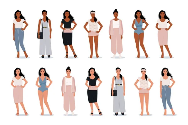 Stylish modern woman in flat style. Set of vector female characters with different skin colors in different outfits. Vector illustration — Stock Vector