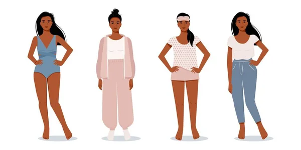 Stilvolle moderne Afro-Frau im flachen Stil. Vektor weibliche Charaktere in verschiedenen Kleidern. Bequeme Hauskleidung. Abendoutfit — Stockvektor