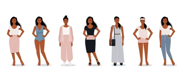 Femeia afro modernă elegantă în stil plat. Personaje feminine vectoriale în haine diferite. Haine confortabile pentru casă. Costum de seara. Costum birou — Vector de stoc