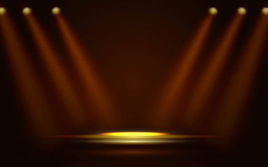 Altın ışıklar ve spot ışıklarıyla aydınlatılan karanlık sahne, altın ışıklarla aydınlatılan zarif gerçekçi podyum, ödül töreni arka planı..