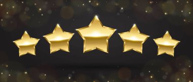 Koyu arkaplanda beş altın yıldız, ışıltı ve bokeh, en iyi kalite konsept, altın yıldız gradyan ikon çizimi.