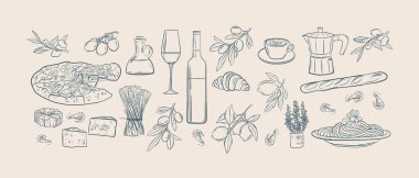 İtalyan yemek karalama seti, Akdeniz ürünleri koleksiyonu, pizza ve İtalyan makarnası karides seti ve şarap klasik tasarımı..