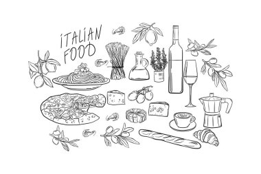 İtalyan yemek karalama seti, Akdeniz ürünleri koleksiyonu, pizza ve İtalyan makarnası karides seti ve şarap klasik tasarımı..