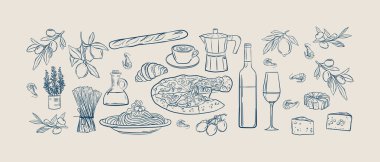 İtalyan yemek karalama seti, Akdeniz ürünleri koleksiyonu, pizza ve İtalyan makarnası karides seti ve şarap klasik tasarımı..