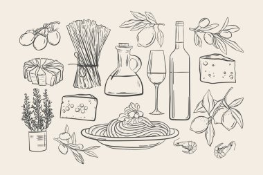 Peynirli ve zeytinli makarna, Doodle koleksiyonu İtalyan yemek peyniri ve şarap, Akdeniz yemekleri..