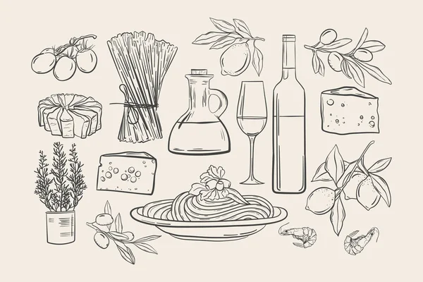 Peynirli ve zeytinli makarna, Doodle koleksiyonu İtalyan yemek peyniri ve şarap, Akdeniz yemekleri..