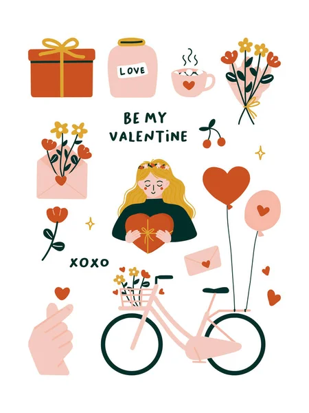 Χαριτωμένο Εικονίδια Ημέρα Του Αγίου Βαλεντίνου Στοιχεία Ποδήλατα Γάμου Άνοιξη Διανυσματικά Γραφικά