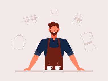 Kahve dükkanı küçük iş illüstrasyonu. Önlüklü barista adam, kafeterya işçisi, el çizimi makinesi ve bir kahve evinde aksesuarlar. Çizgi film karakteri düz vektörü.