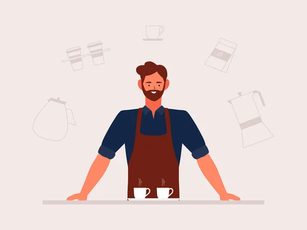 Kávézó Kis Üzleti Illusztráció Barista Férfi Kötényben Cafeteria Munkás Kézzel — Stock Vector