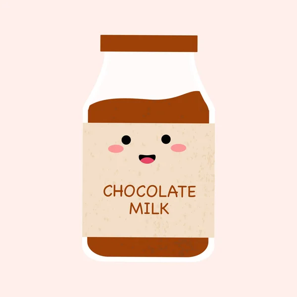 Lindos Dibujos Animados Chocolate Leche Botella Personajes Niños Kawaii Comida — Vector de stock