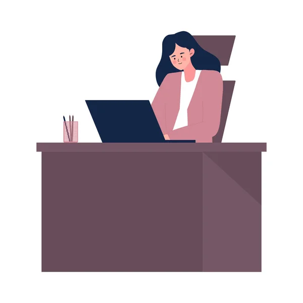 职业女性或女商人 公民权利 独立概念 平面设计人物办公室工作人员坐 带着手提电脑的女人办公室工作人员坐在办公桌前 免版税图库矢量图片