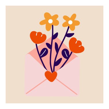 Sevgililer günü süslemelerinin olduğu sevimli bir zarf aç. Yay düz vektör illüstrasyon mesajı içeren mektup. Hoş kartpostallar, tebrik kartları, sanat baskısı, el ilanları, davetiye, poster, broşür, afiş.